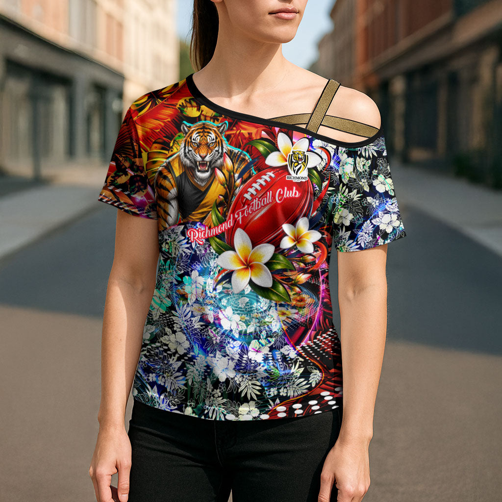 Personalized Richmond Football Tigers Cross Shoulder Shirt Tropical Hibiscus Flowers - Pacific Fusion Style
