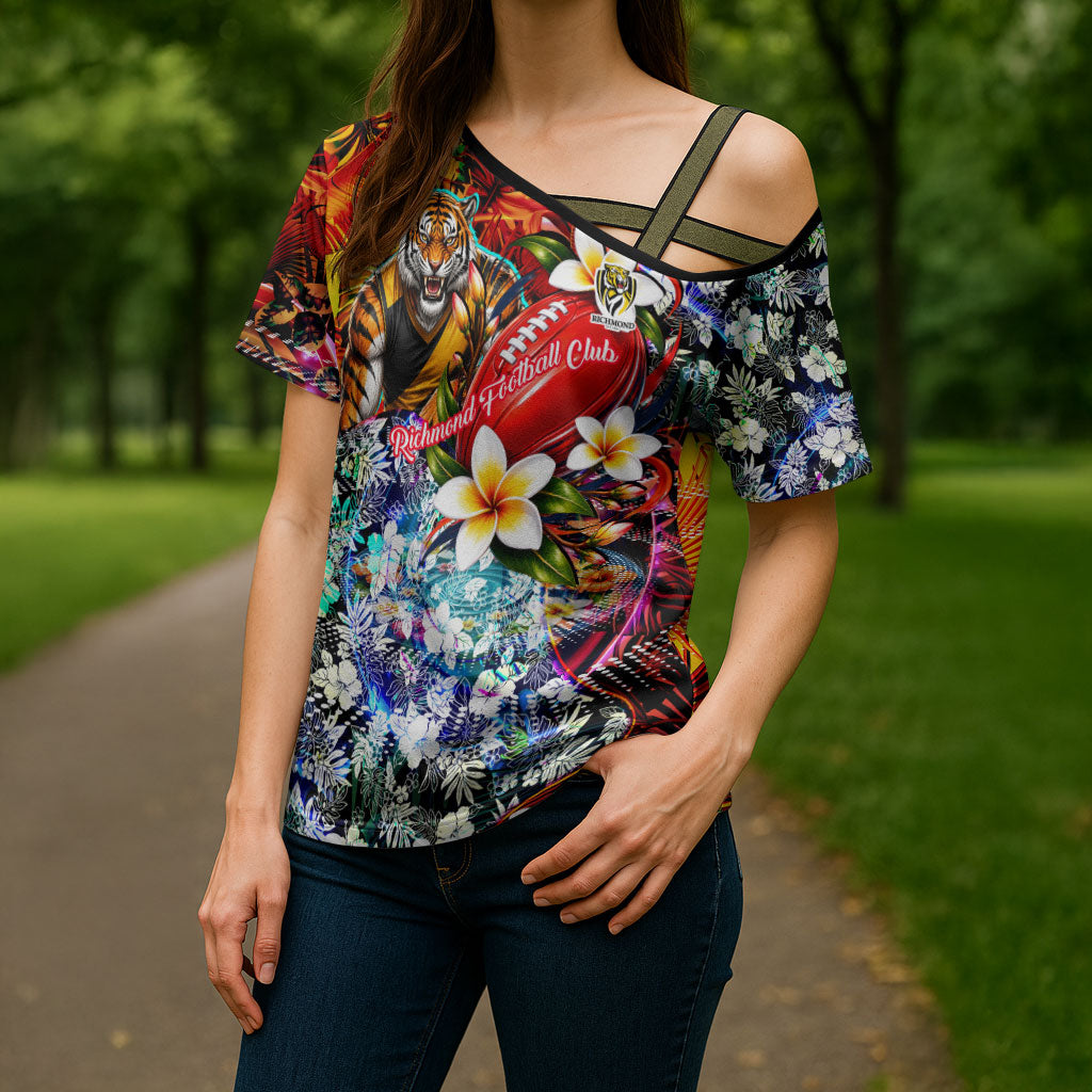 Personalized Richmond Football Tigers Cross Shoulder Shirt Tropical Hibiscus Flowers - Pacific Fusion Style