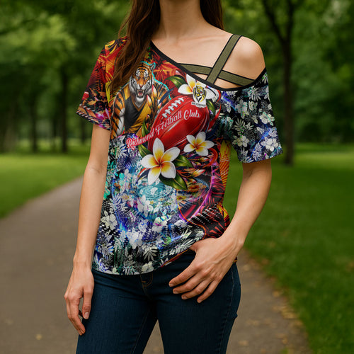 Personalized Richmond Football Tigers Cross Shoulder Shirt Tropical Hibiscus Flowers - Pacific Fusion Style