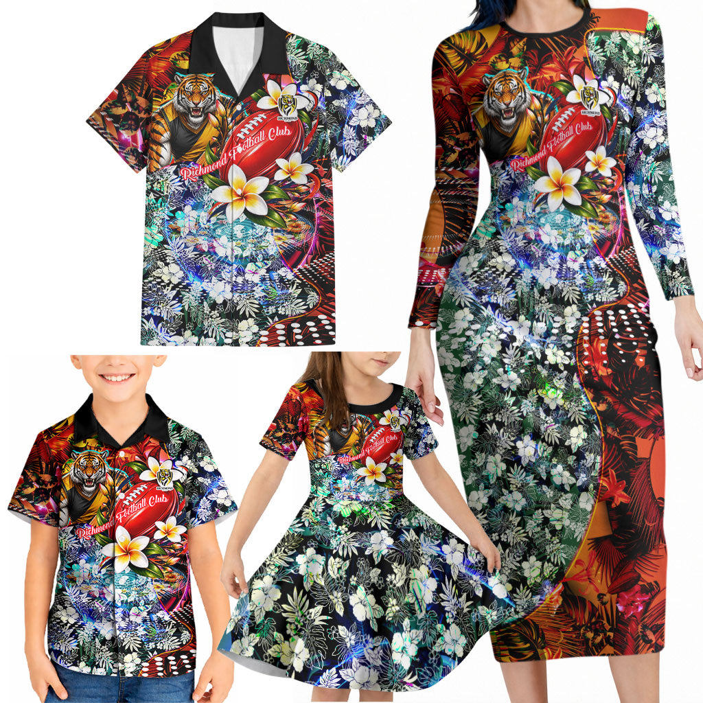 Personalized Richmond Football Tigers Family Matching Long Sleeve Bodycon Dress and Hawaiian Shirt Tropical Hibiscus Flowers - Pacific Fusion Style