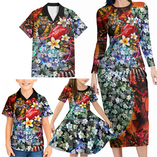 Personalized Richmond Football Tigers Family Matching Long Sleeve Bodycon Dress and Hawaiian Shirt Tropical Hibiscus Flowers - Pacific Fusion Style