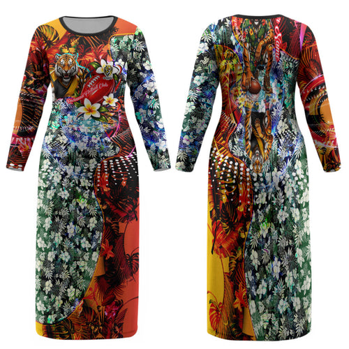 Personalized Richmond Football Tigers Family Matching Long Sleeve Bodycon Dress and Hawaiian Shirt Tropical Hibiscus Flowers - Pacific Fusion Style