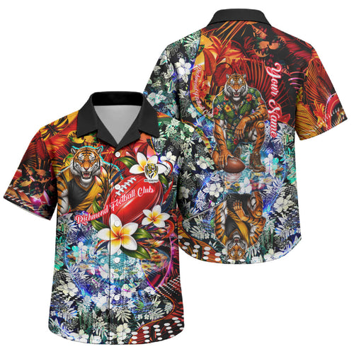 Personalized Richmond Football Tigers Family Matching Long Sleeve Bodycon Dress and Hawaiian Shirt Tropical Hibiscus Flowers - Pacific Fusion Style