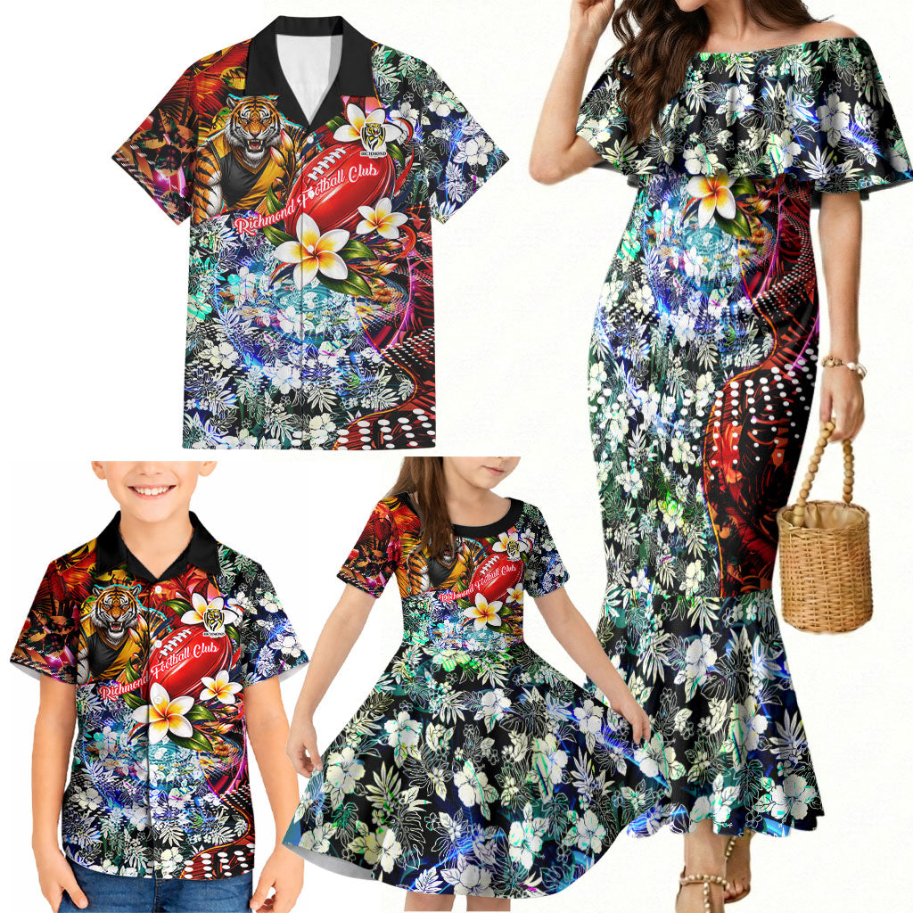 Personalized Richmond Football Tigers Family Matching Mermaid Dress and Hawaiian Shirt Tropical Hibiscus Flowers - Pacific Fusion Style