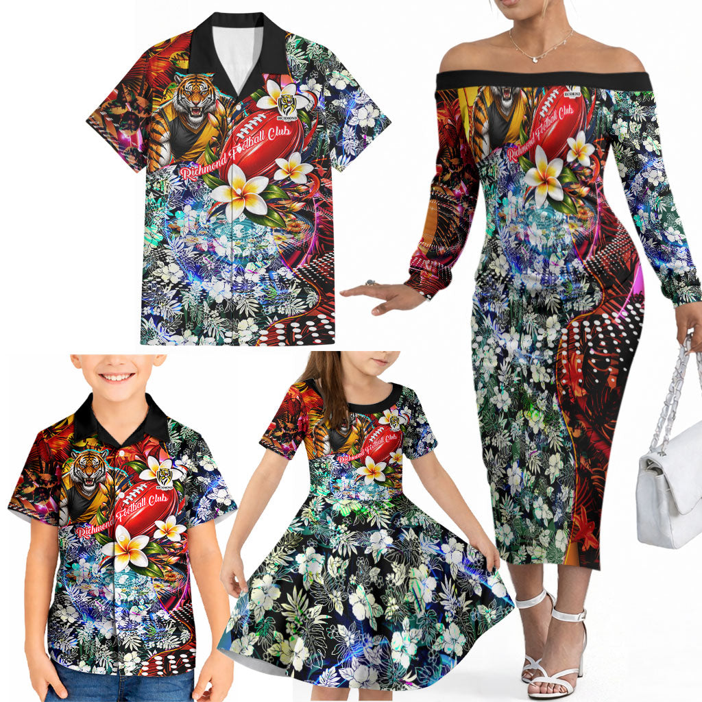 Personalized Richmond Football Tigers Family Matching Off The Shoulder Long Sleeve Dress and Hawaiian Shirt Tropical Hibiscus Flowers - Pacific Fusion Style