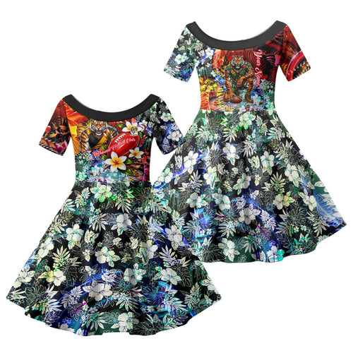 Personalized Richmond Football Tigers Family Matching Off The Shoulder Long Sleeve Dress and Hawaiian Shirt Tropical Hibiscus Flowers - Pacific Fusion Style