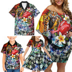 Personalized Richmond Football Tigers Family Matching Off Shoulder Short Dress and Hawaiian Shirt Tropical Hibiscus Flowers - Pacific Fusion Style