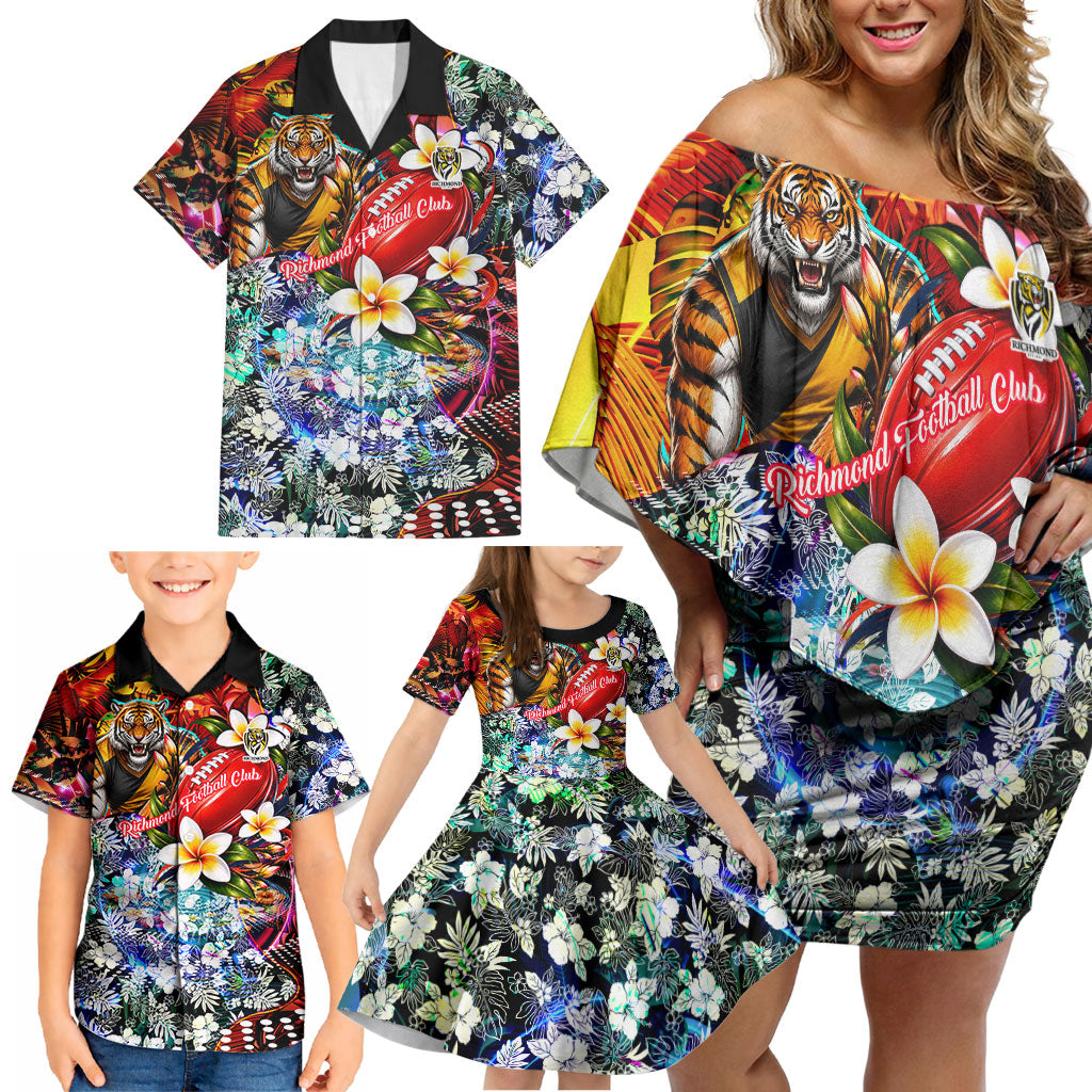 Personalized Richmond Football Tigers Family Matching Off Shoulder Short Dress and Hawaiian Shirt Tropical Hibiscus Flowers - Pacific Fusion Style