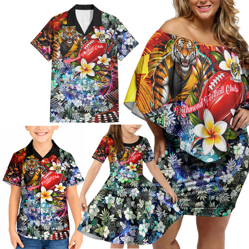 Personalized Richmond Football Tigers Family Matching Off Shoulder Short Dress and Hawaiian Shirt Tropical Hibiscus Flowers - Pacific Fusion Style