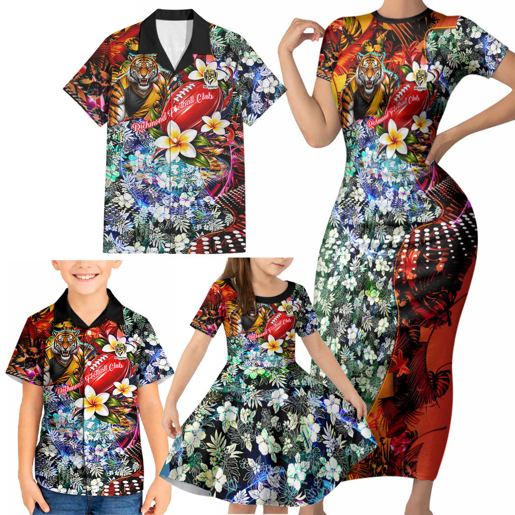 Personalized Richmond Football Tigers Family Matching Short Sleeve Bodycon Dress and Hawaiian Shirt Tropical Hibiscus Flowers - Pacific Fusion Style