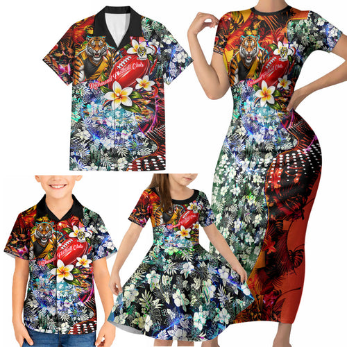 Personalized Richmond Football Tigers Family Matching Short Sleeve Bodycon Dress and Hawaiian Shirt Tropical Hibiscus Flowers - Pacific Fusion Style