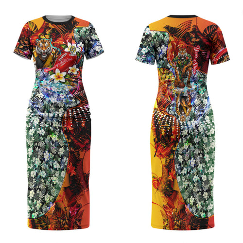 Personalized Richmond Football Tigers Family Matching Short Sleeve Bodycon Dress and Hawaiian Shirt Tropical Hibiscus Flowers - Pacific Fusion Style