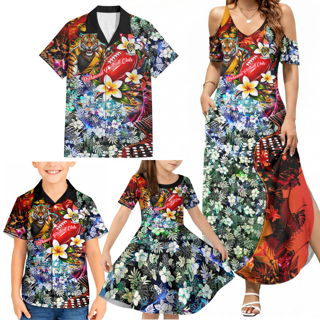 Personalized Richmond Football Tigers Family Matching Summer Maxi Dress and Hawaiian Shirt Tropical Hibiscus Flowers - Pacific Fusion Style