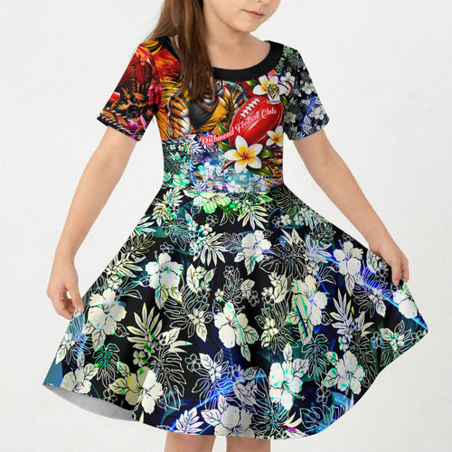 Personalized Richmond Football Tigers Kid Short Sleeve Dress Tropical Hibiscus Flowers - Pacific Fusion Style