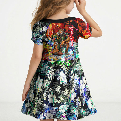 Personalized Richmond Football Tigers Kid Short Sleeve Dress Tropical Hibiscus Flowers - Pacific Fusion Style