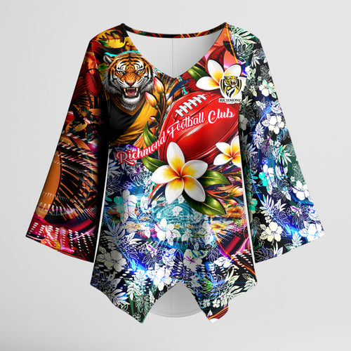 Personalized Richmond Football Tigers Kimono Sleeve Blouse Tropical Hibiscus Flowers - Pacific Fusion Style