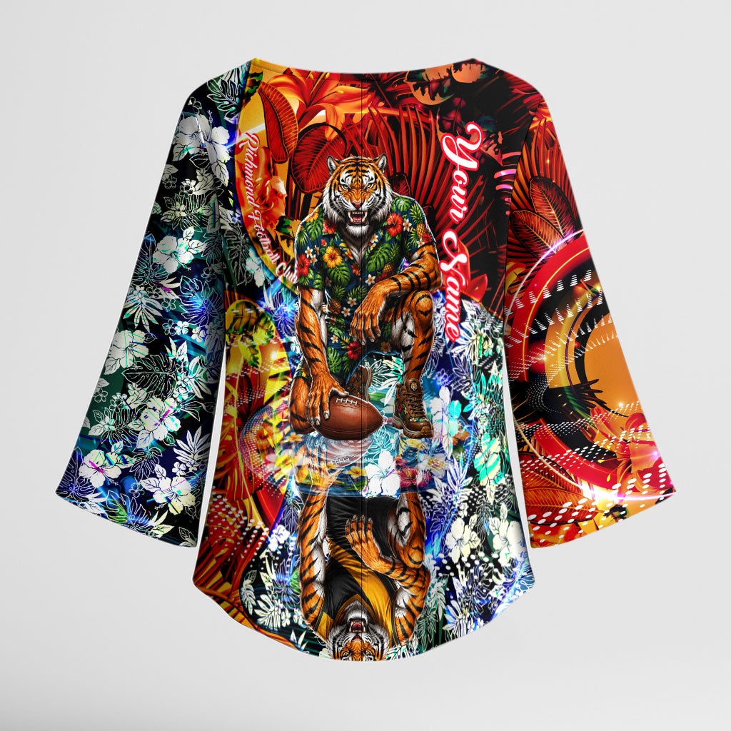Personalized Richmond Football Tigers Kimono Sleeve Blouse Tropical Hibiscus Flowers - Pacific Fusion Style