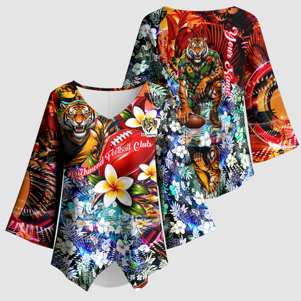 Personalized Richmond Football Tigers Kimono Sleeve Blouse Tropical Hibiscus Flowers - Pacific Fusion Style