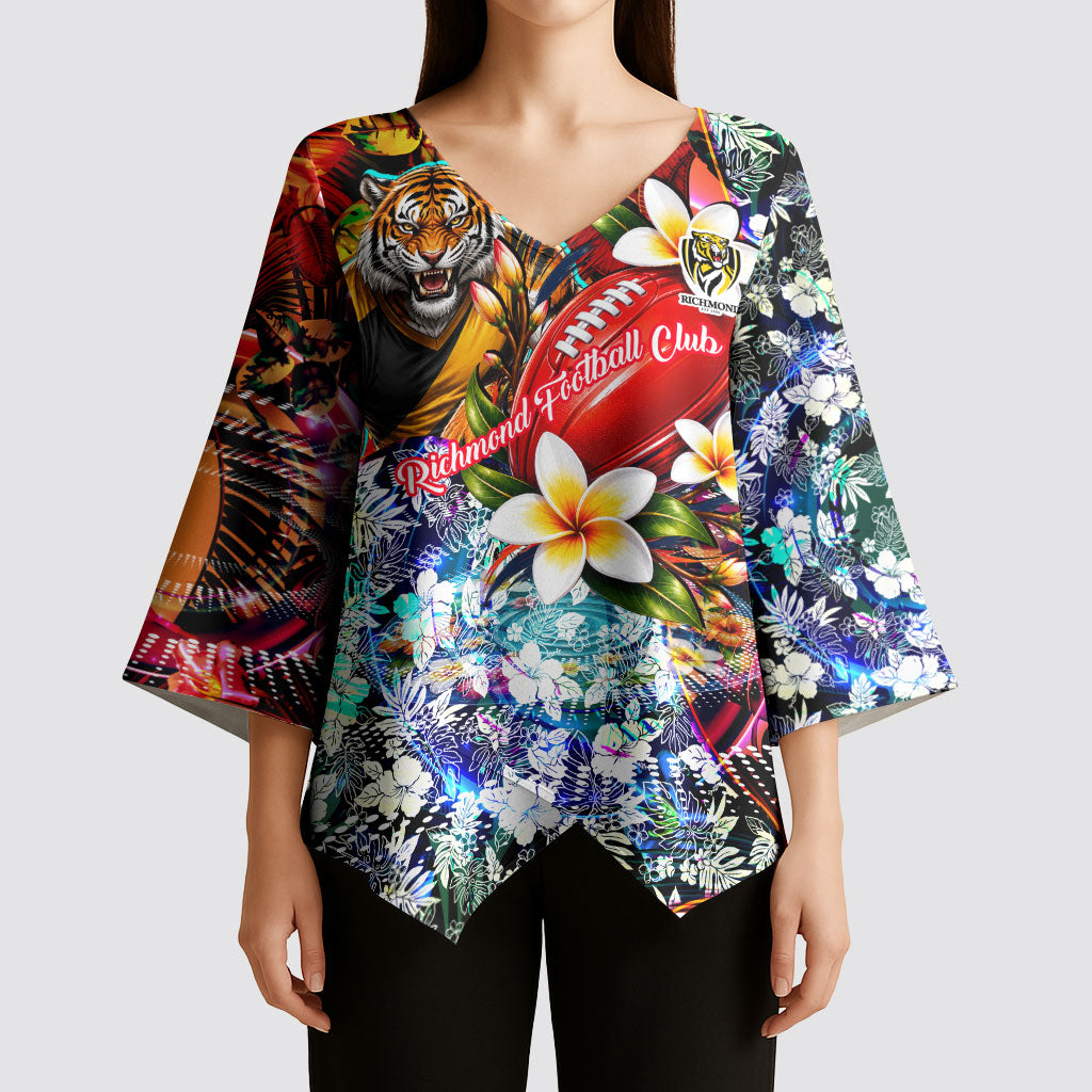 Personalized Richmond Football Tigers Kimono Sleeve Blouse Tropical Hibiscus Flowers - Pacific Fusion Style