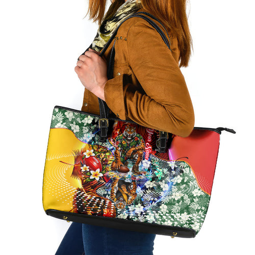 Personalized Richmond Football Tigers Leather Tote Bag Tropical Hibiscus Flowers - Pacific Fusion Style