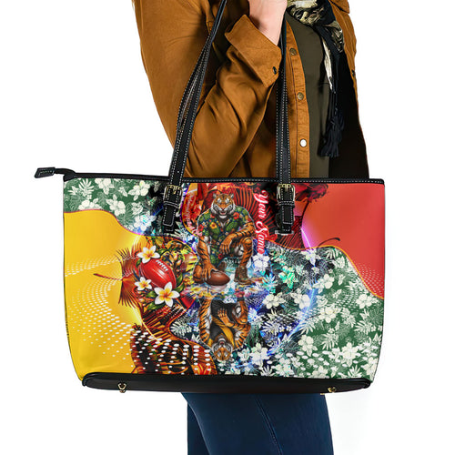 Personalized Richmond Football Tigers Leather Tote Bag Tropical Hibiscus Flowers - Pacific Fusion Style