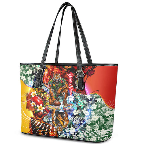 Personalized Richmond Football Tigers Leather Tote Bag Tropical Hibiscus Flowers - Pacific Fusion Style