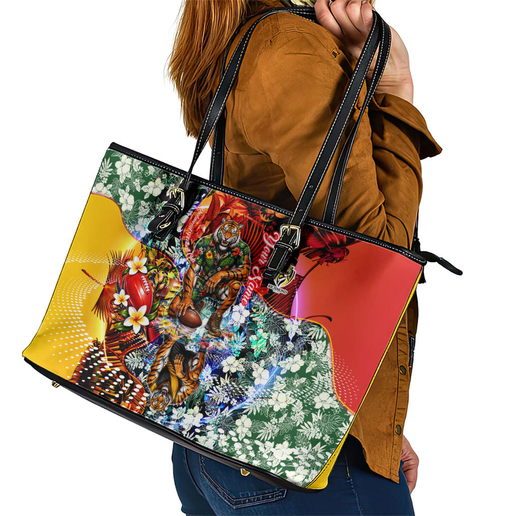 Personalized Richmond Football Tigers Leather Tote Bag Tropical Hibiscus Flowers - Pacific Fusion Style