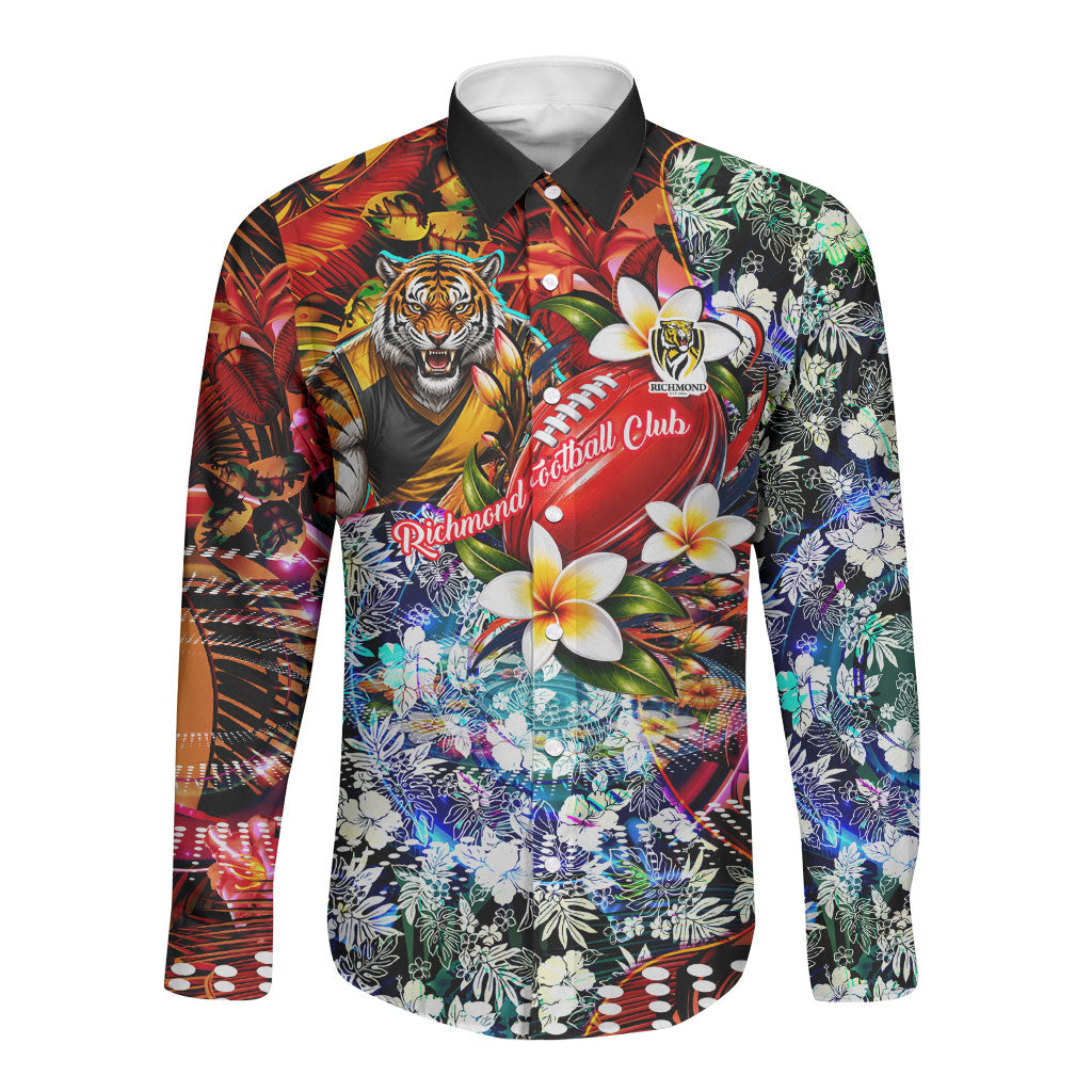 Personalized Richmond Football Tigers Long Sleeve Button Shirt Tropical Hibiscus Flowers - Pacific Fusion Style