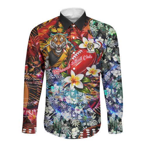 Personalized Richmond Football Tigers Long Sleeve Button Shirt Tropical Hibiscus Flowers - Pacific Fusion Style
