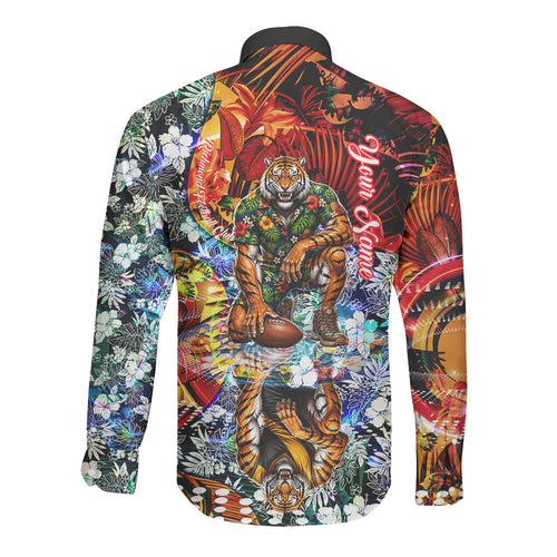 Personalized Richmond Football Tigers Long Sleeve Button Shirt Tropical Hibiscus Flowers - Pacific Fusion Style