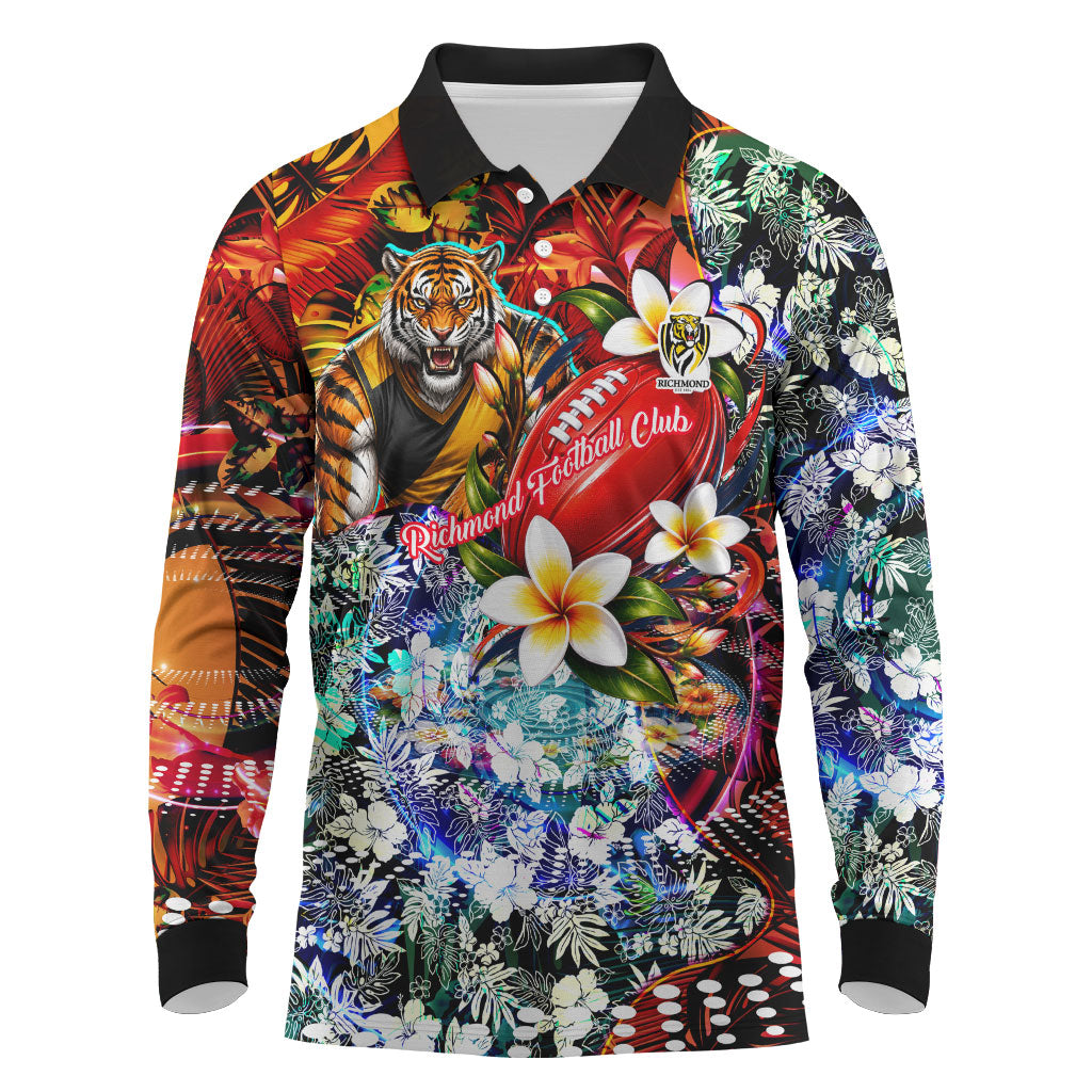 Personalized Richmond Football Tigers Long Sleeve Polo Shirt Tropical Hibiscus Flowers - Pacific Fusion Style