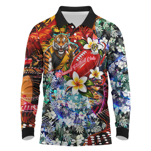 Personalized Richmond Football Tigers Long Sleeve Polo Shirt Tropical Hibiscus Flowers - Pacific Fusion Style