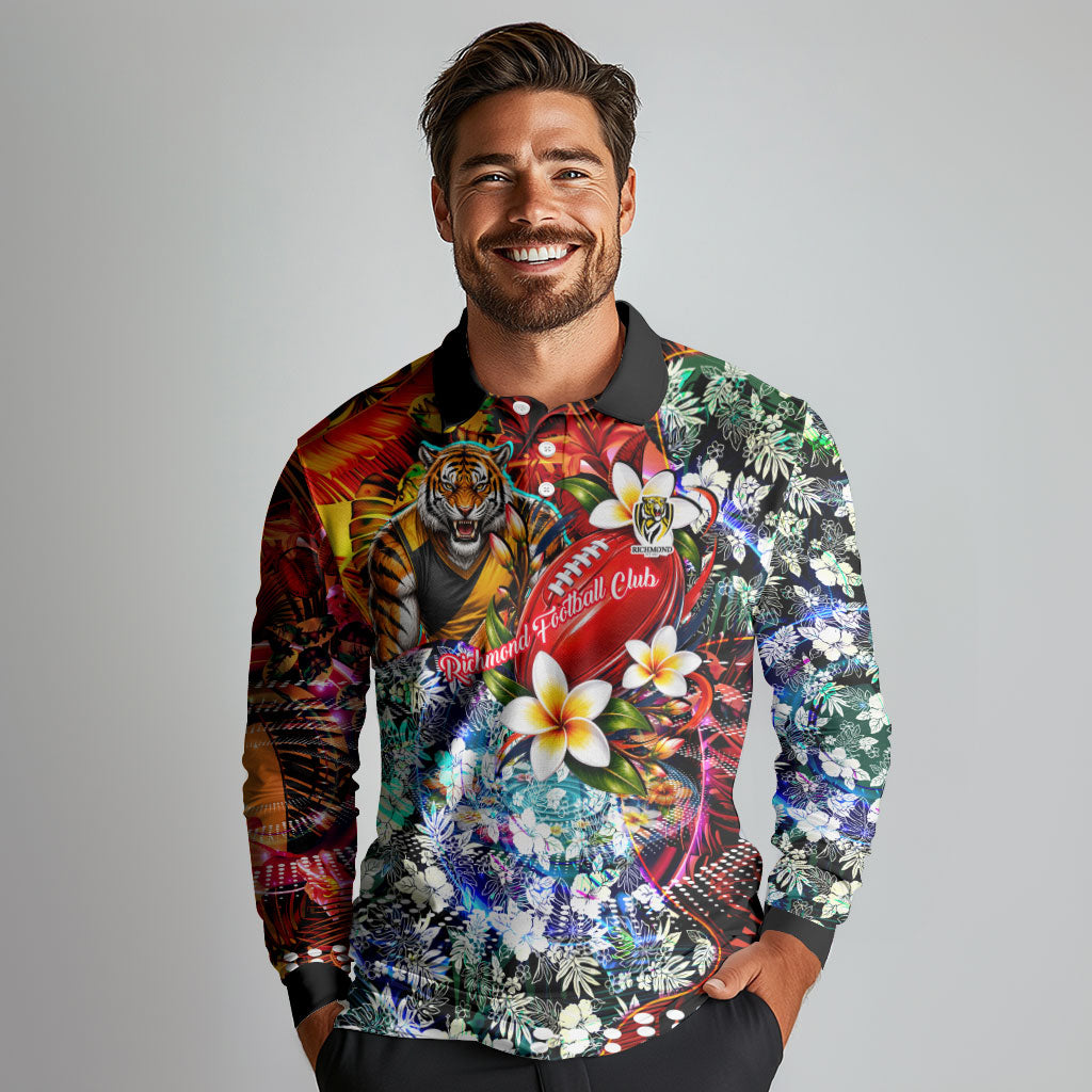 Personalized Richmond Football Tigers Long Sleeve Polo Shirt Tropical Hibiscus Flowers - Pacific Fusion Style