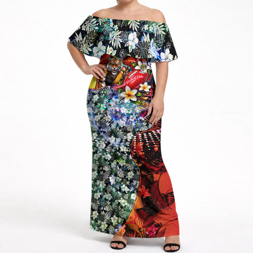 Personalized Richmond Football Tigers Off Shoulder Maxi Dress Tropical Hibiscus Flowers - Pacific Fusion Style