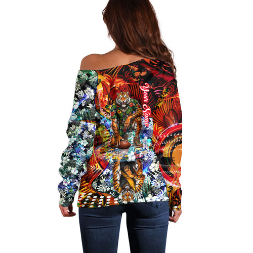 Personalized Richmond Football Tigers Off Shoulder Sweater Tropical Hibiscus Flowers - Pacific Fusion Style