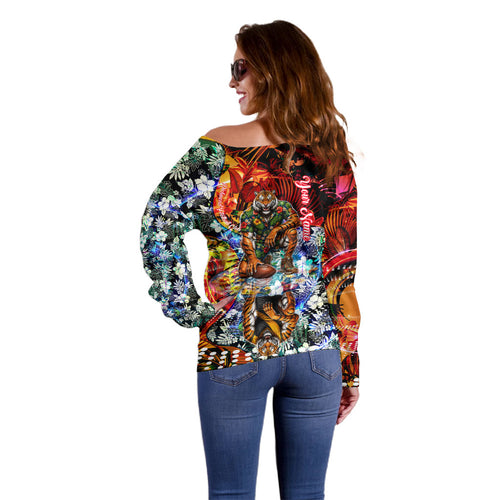 Personalized Richmond Football Tigers Off Shoulder Sweater Tropical Hibiscus Flowers - Pacific Fusion Style