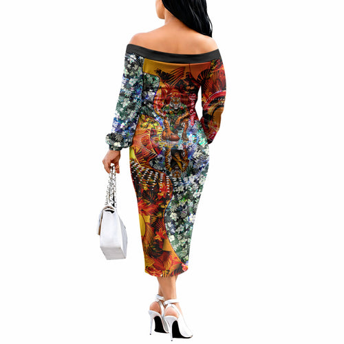 Personalized Richmond Football Tigers Off The Shoulder Long Sleeve Dress Tropical Hibiscus Flowers - Pacific Fusion Style