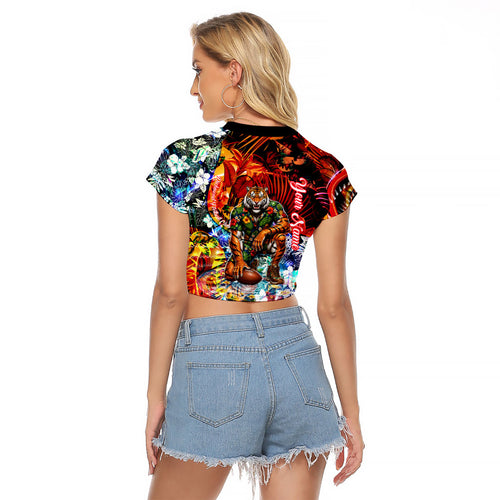 Personalized Richmond Football Tigers Raglan Cropped T Shirt Tropical Hibiscus Flowers - Pacific Fusion Style