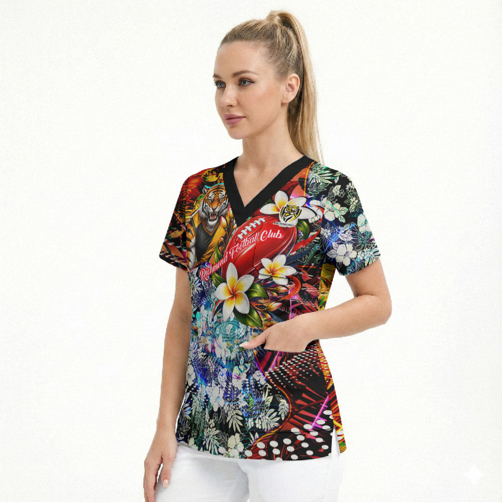 Personalized Richmond Football Tigers Scrub Top Tropical Hibiscus Flowers - Pacific Fusion Style