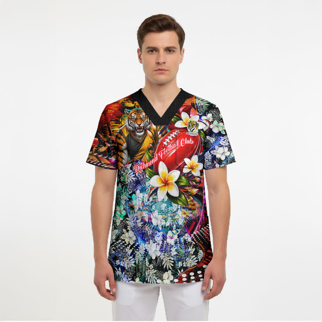 Personalized Richmond Football Tigers Scrub Top Tropical Hibiscus Flowers - Pacific Fusion Style