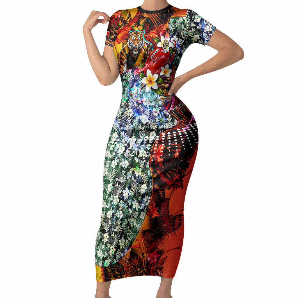 Personalized Richmond Football Tigers Short Sleeve Bodycon Dress Tropical Hibiscus Flowers - Pacific Fusion Style