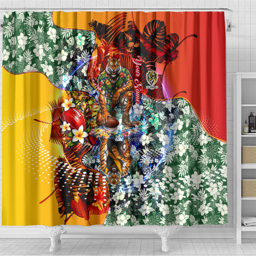 Personalized Richmond Football Tigers Shower Curtain Tropical Hibiscus Flowers - Pacific Fusion Style