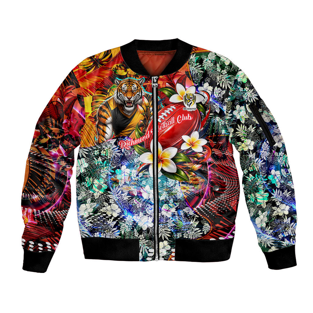 Personalized Richmond Football Tigers Sleeve Zip Bomber Jacket Tropical Hibiscus Flowers - Pacific Fusion Style