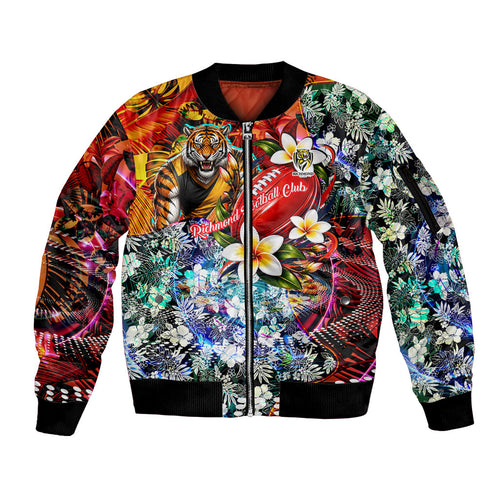 Personalized Richmond Football Tigers Sleeve Zip Bomber Jacket Tropical Hibiscus Flowers - Pacific Fusion Style
