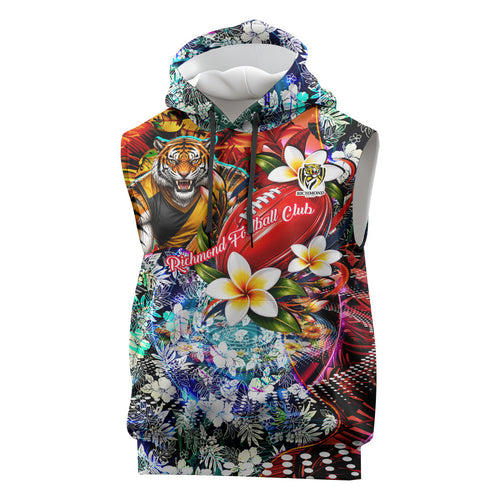 Personalized Richmond Football Tigers Sleeveless Hoodie Tropical Hibiscus Flowers - Pacific Fusion Style