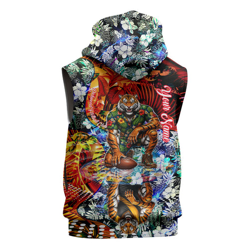 Personalized Richmond Football Tigers Sleeveless Hoodie Tropical Hibiscus Flowers - Pacific Fusion Style