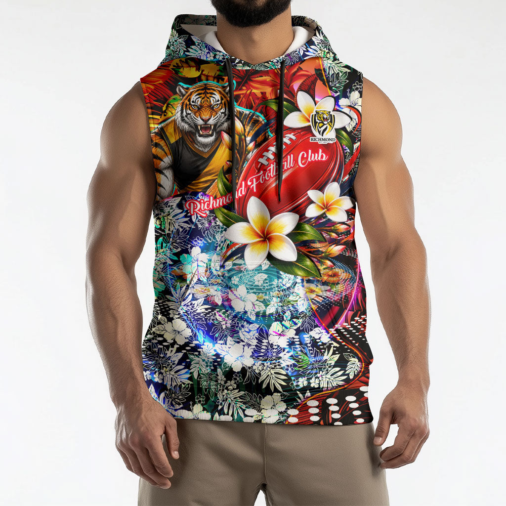 Personalized Richmond Football Tigers Sleeveless Hoodie Tropical Hibiscus Flowers - Pacific Fusion Style