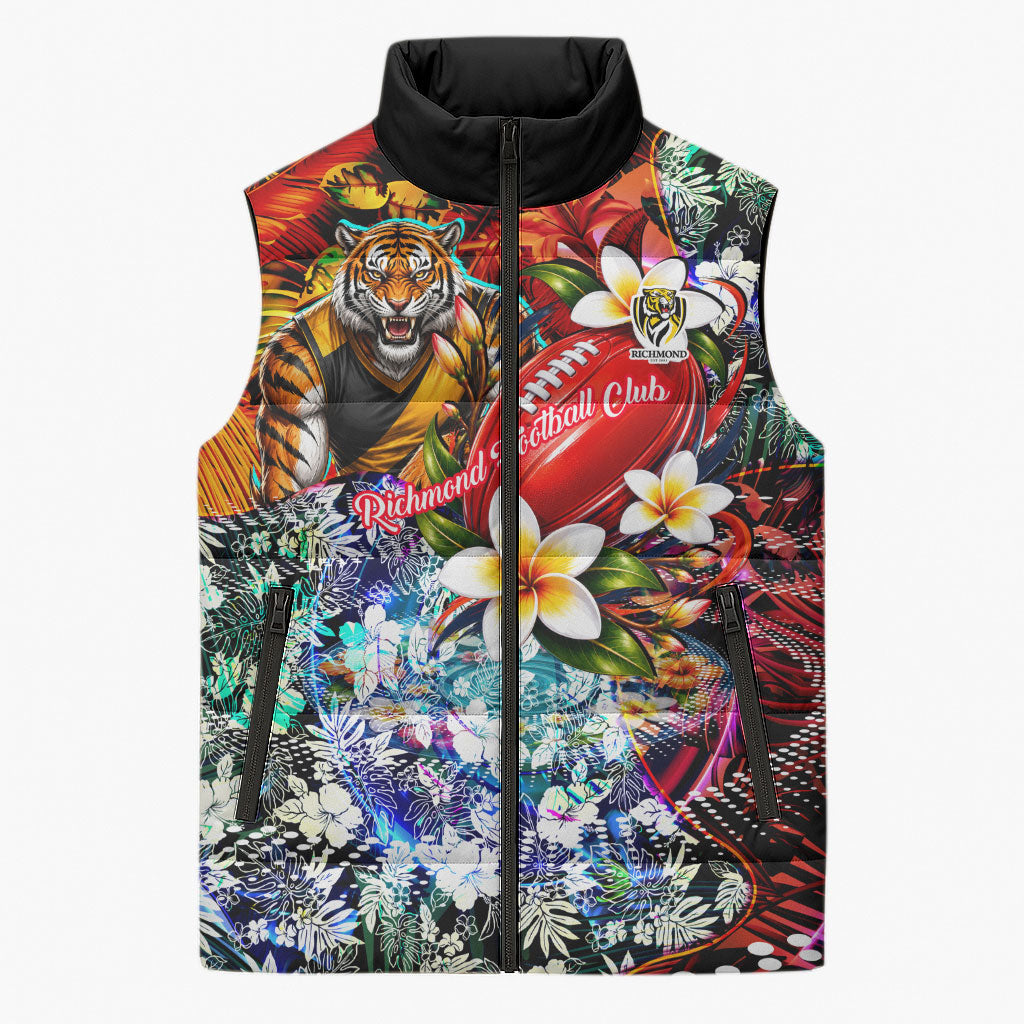 Personalized Richmond Football Tigers Sleeveless Puffer Jacket Tropical Hibiscus Flowers - Pacific Fusion Style