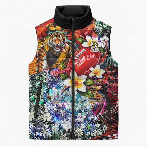 Personalized Richmond Football Tigers Sleeveless Puffer Jacket Tropical Hibiscus Flowers - Pacific Fusion Style