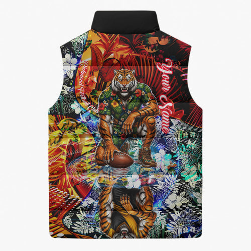 Personalized Richmond Football Tigers Sleeveless Puffer Jacket Tropical Hibiscus Flowers - Pacific Fusion Style